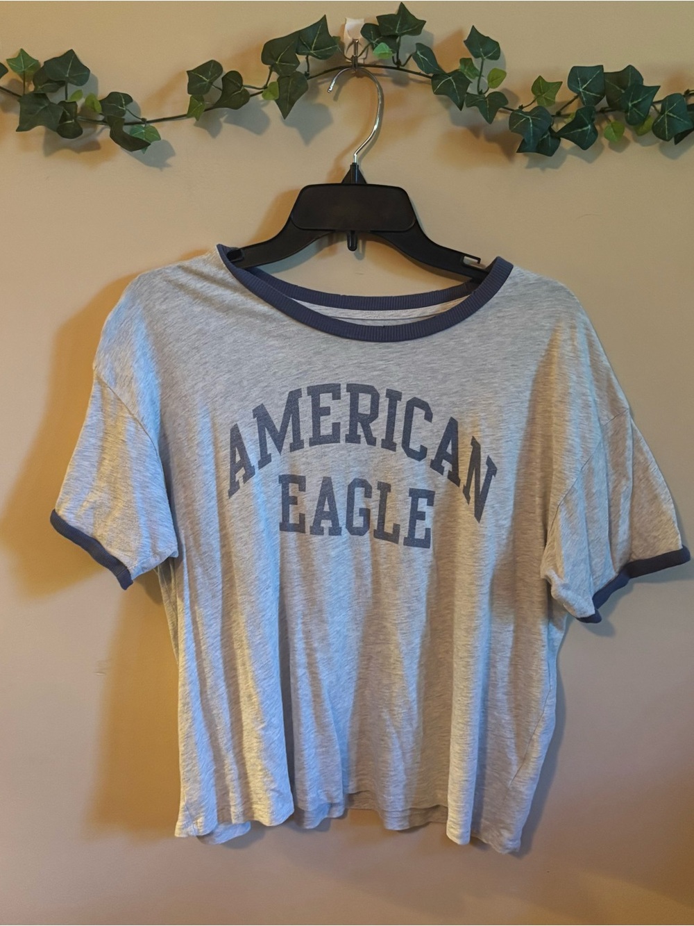 American Eagle Outfitters Gray Tee with Navy Trim and Print